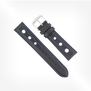 Antenen - Rallye strap in black calfskin with blue holes, seams and edges