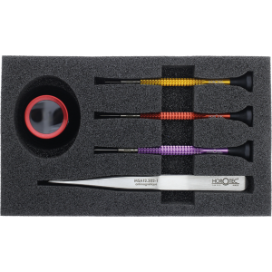 Horotec - Tool set with 3 aluminium screwdrivers, 1 black plastic eyeglass and 1 antimagnetic tweezers No. 1