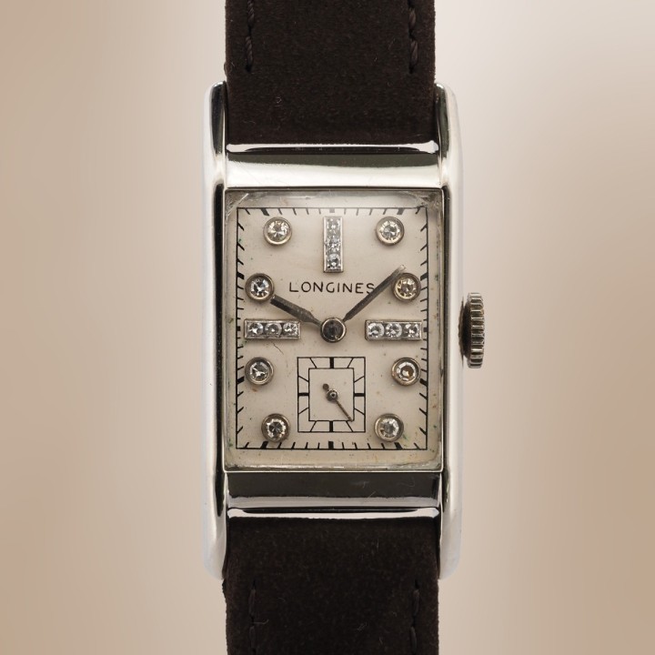 Longines - Vintage Tank with a 14K White Gold Case and Diamond-Set Hour Markers Circa 1945