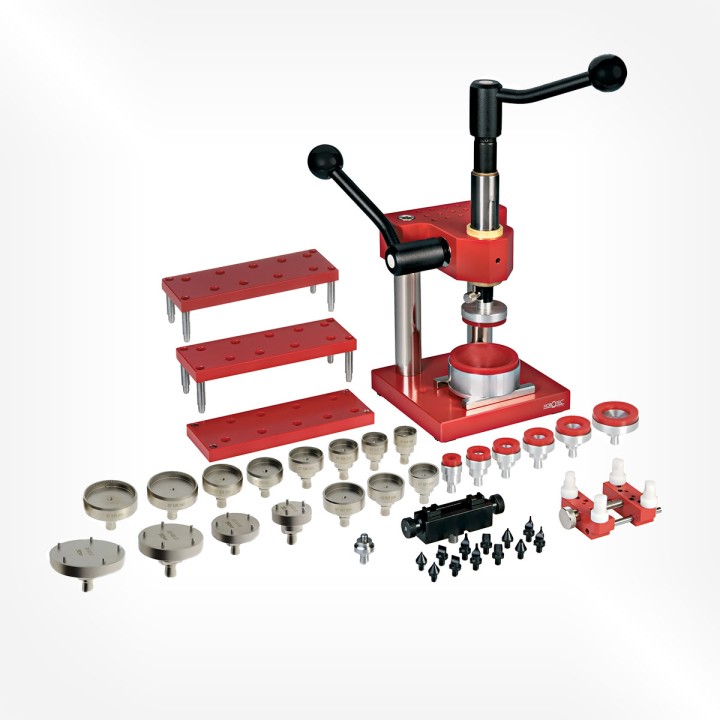 Horotec - Precision rack-press for case backs /crystals /bezels, with 43 screw-on dies