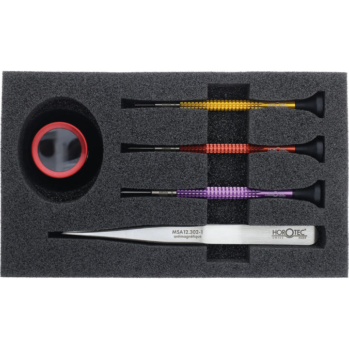 Horotec - Tool set with 3 aluminium screwdrivers, 1 black plastic eyeglass and 1 antimagnetic tweezers No. 1