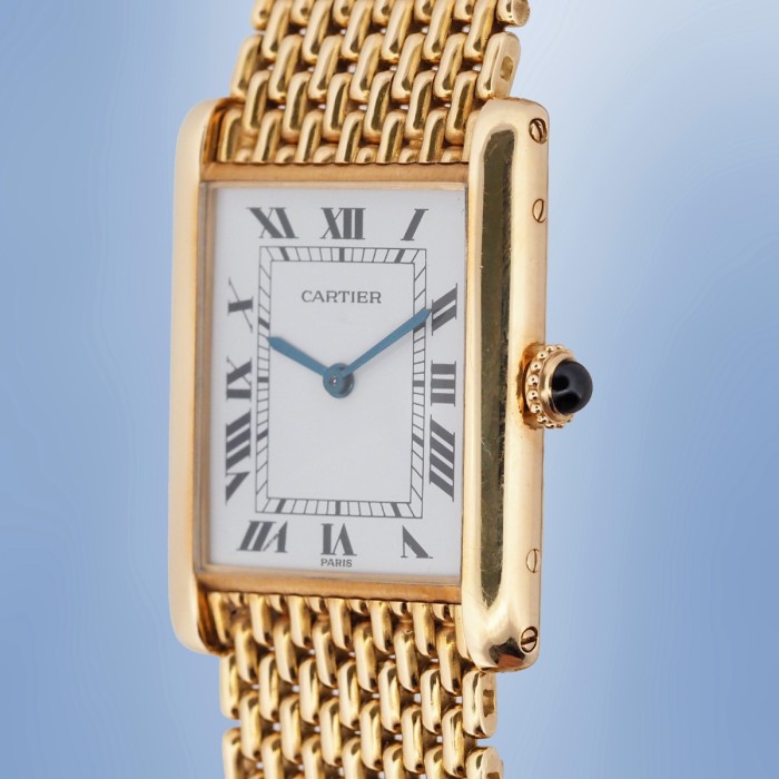 Cartier - Tank Louis Cartier "Paris" Vintage 18k Yellow Gold with 18k Yellow Gold Milanese Bracelet & Paper Circa 1989 Ref. 96065