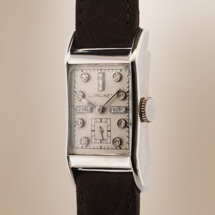 Longines - Vintage Tank with a 14K White Gold Case and Diamond-Set Hour Markers Circa 1945