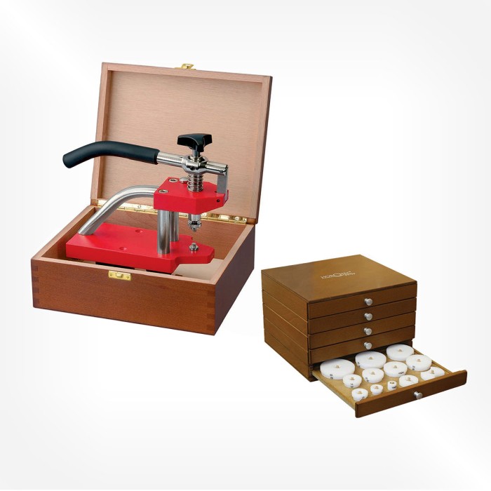Horotec - Precision rack-press for case backs /crystals /bezels, with 43 screw-on dies