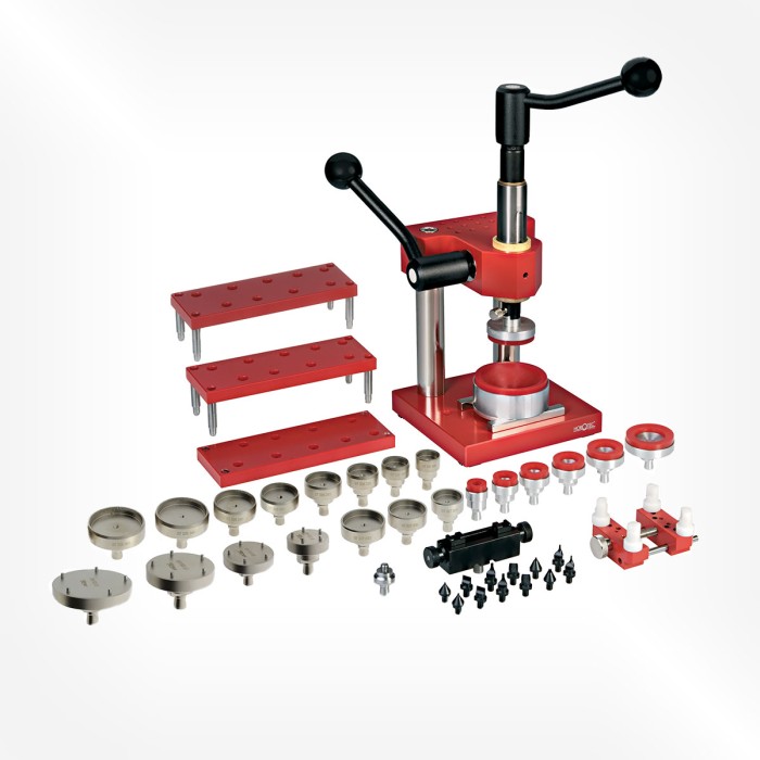 Horotec - Precision rack-press for case backs /crystals /bezels, with 43 screw-on dies