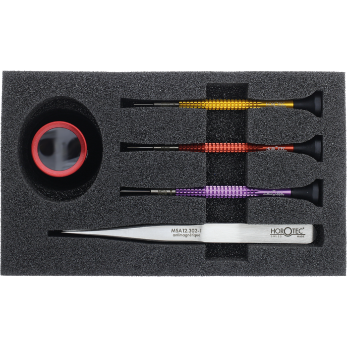Horotec - Tool set with 3 aluminium screwdrivers, 1 black plastic eyeglass and 1 antimagnetic tweezers No. 1
