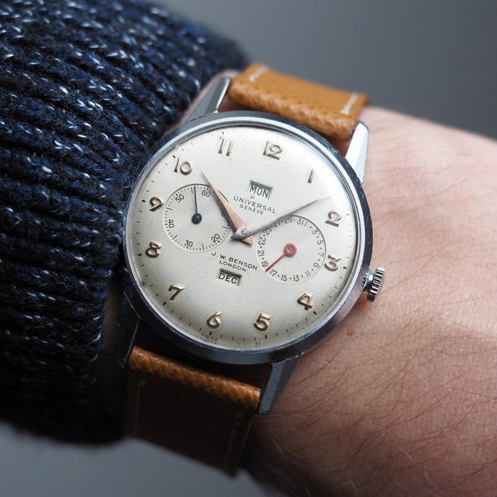 Universal Genève - Double Signed J.W. Benson London Triple Calendar Vintage Chromed 38mm Circa 1950 Ref. 31305